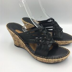 Born Black leather straped Woven Wedge Sandals sz6
